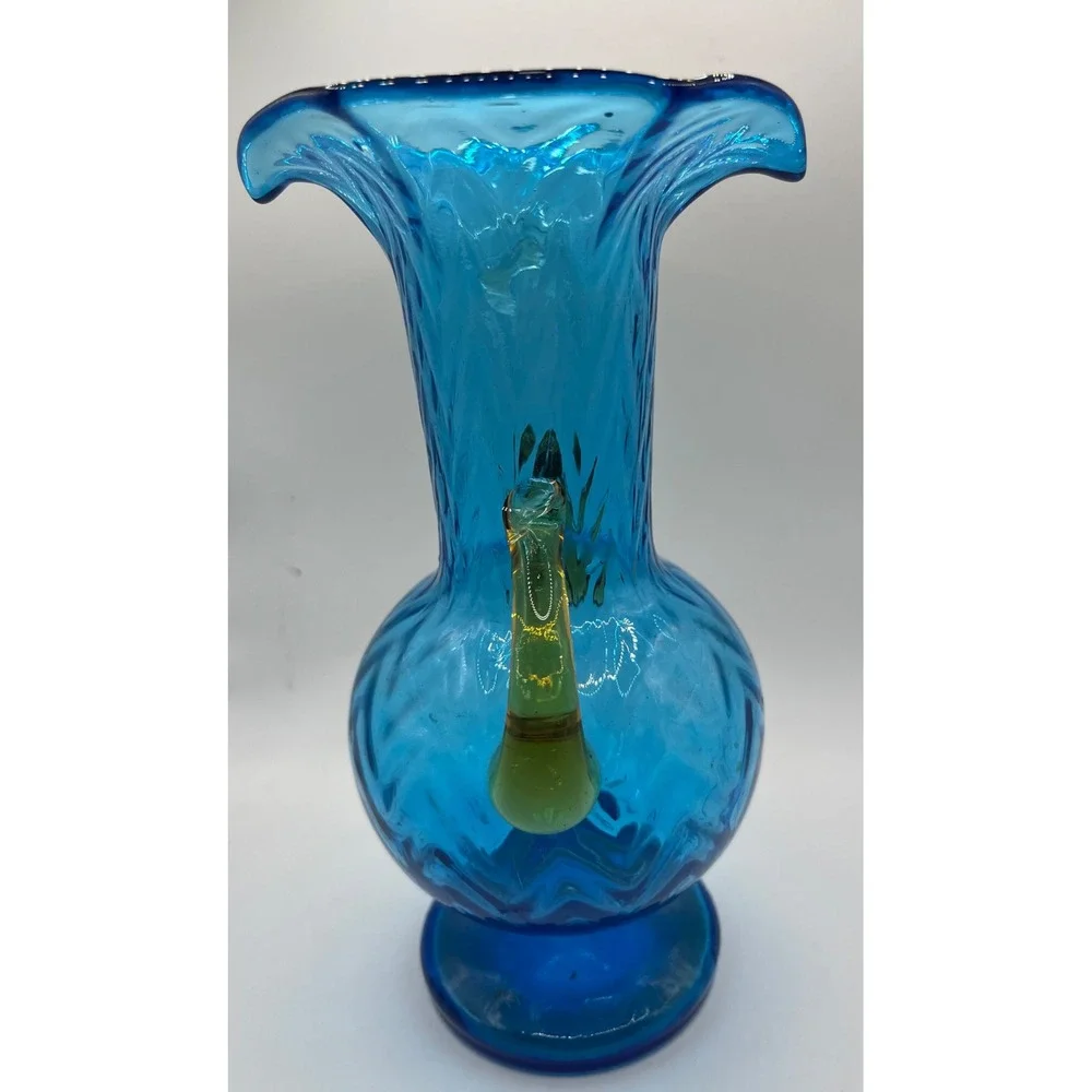 Vintage Empoli Blue Glass Vase with Yellow‎ Handles Ornate Accent Decor